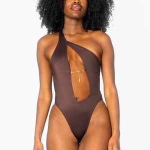 437 One-Shoulder Cut Out Brown Swimsuit